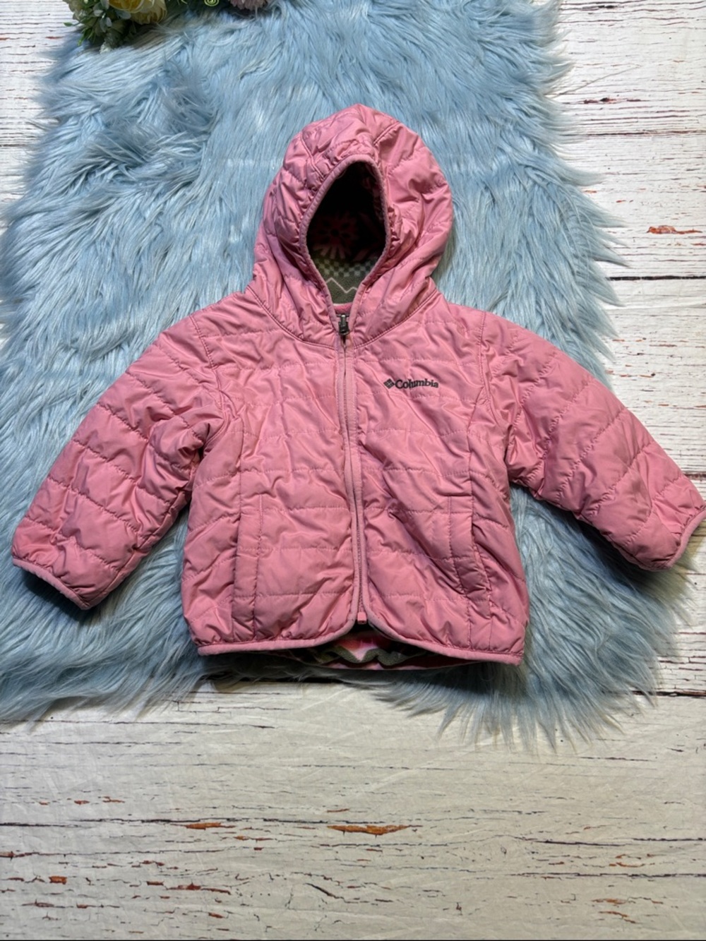 Columbia Pink Hooded Puffer Fleece Reversible Jacket sz 2T